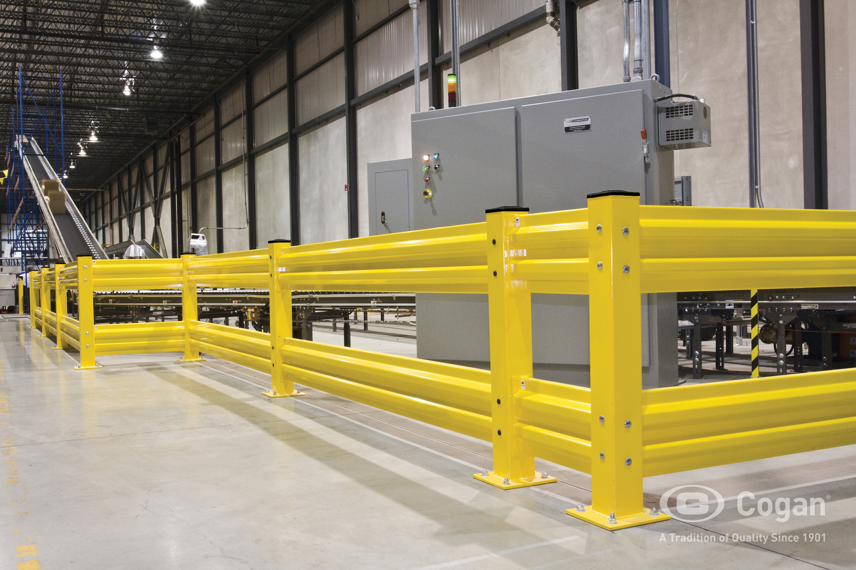 Yellow guardrail protecting equipment and conveyor line