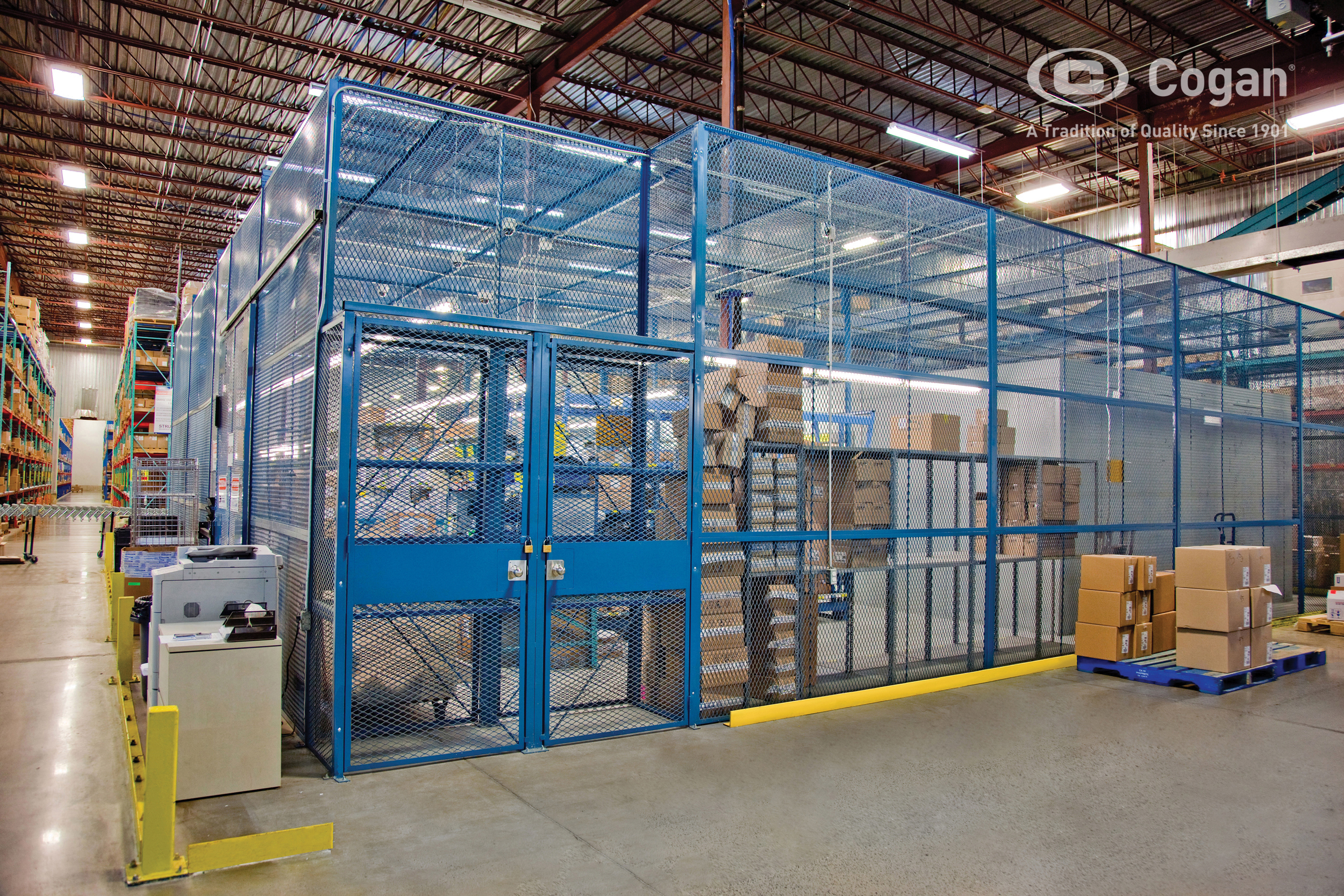 Blue wire mesh security cage enclosing a storage area